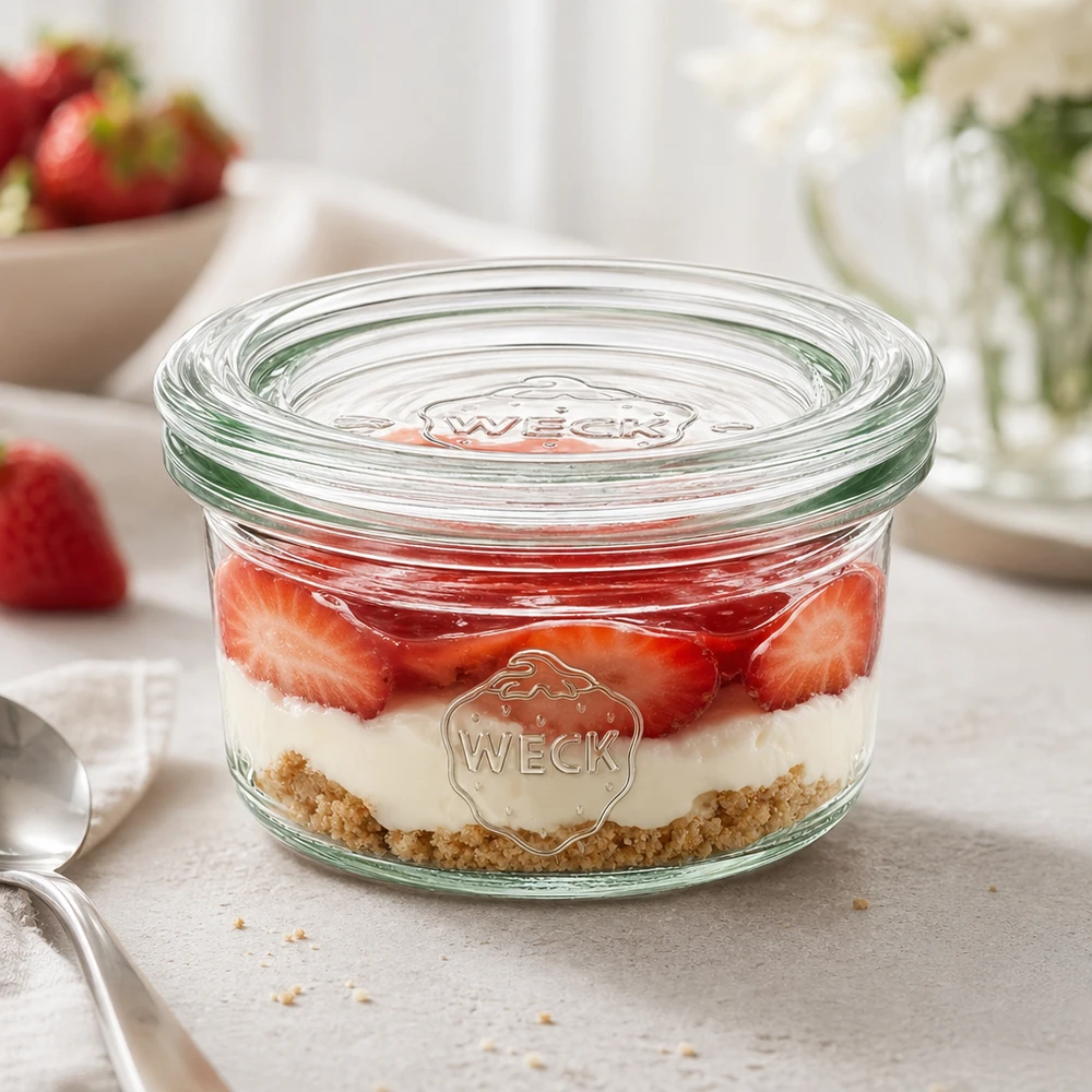 WECK Verre renversé 50ml RR60 avec dessert stratifié à base de fraises et de crème pour un portionnement élégant sur un plan de travail blanc