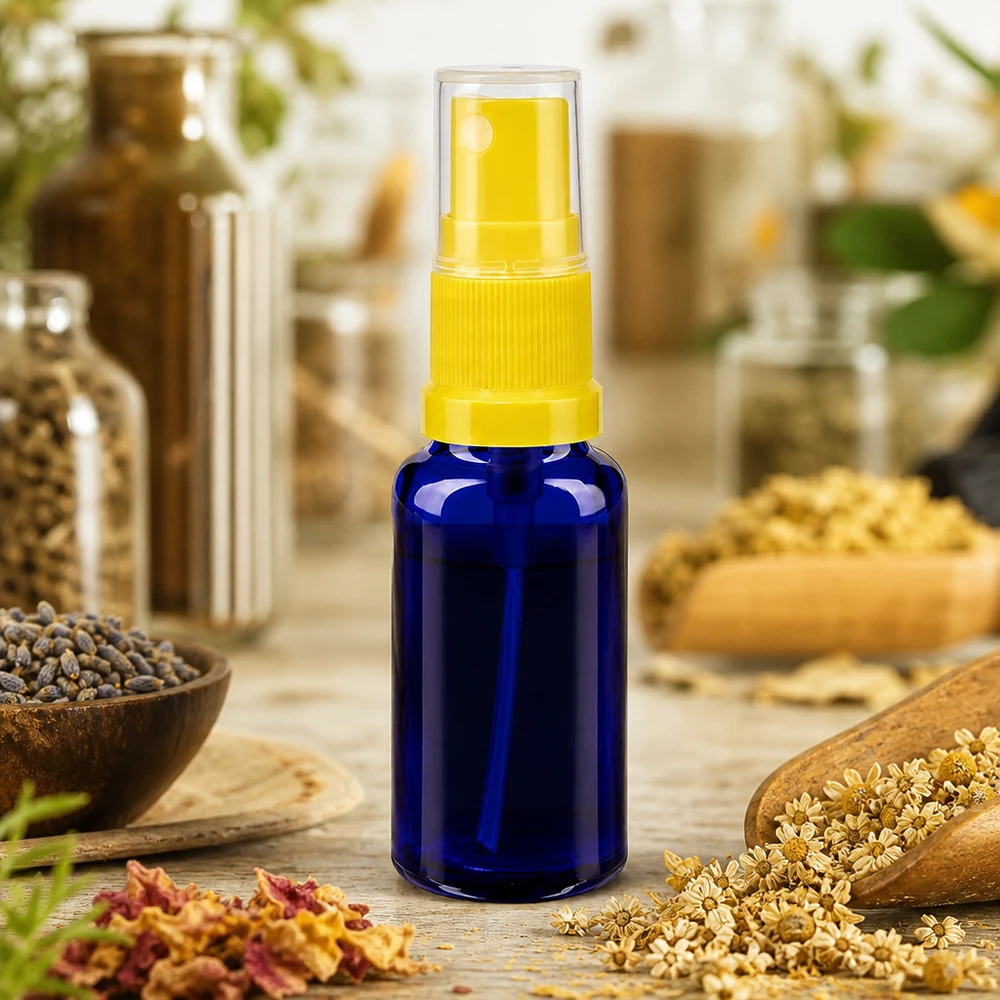 Flacon pulvérisateur de 20 ml en verre d'apothicaire bleu, muni d'un vaporisateur jaune, parmi des herbes séchées
