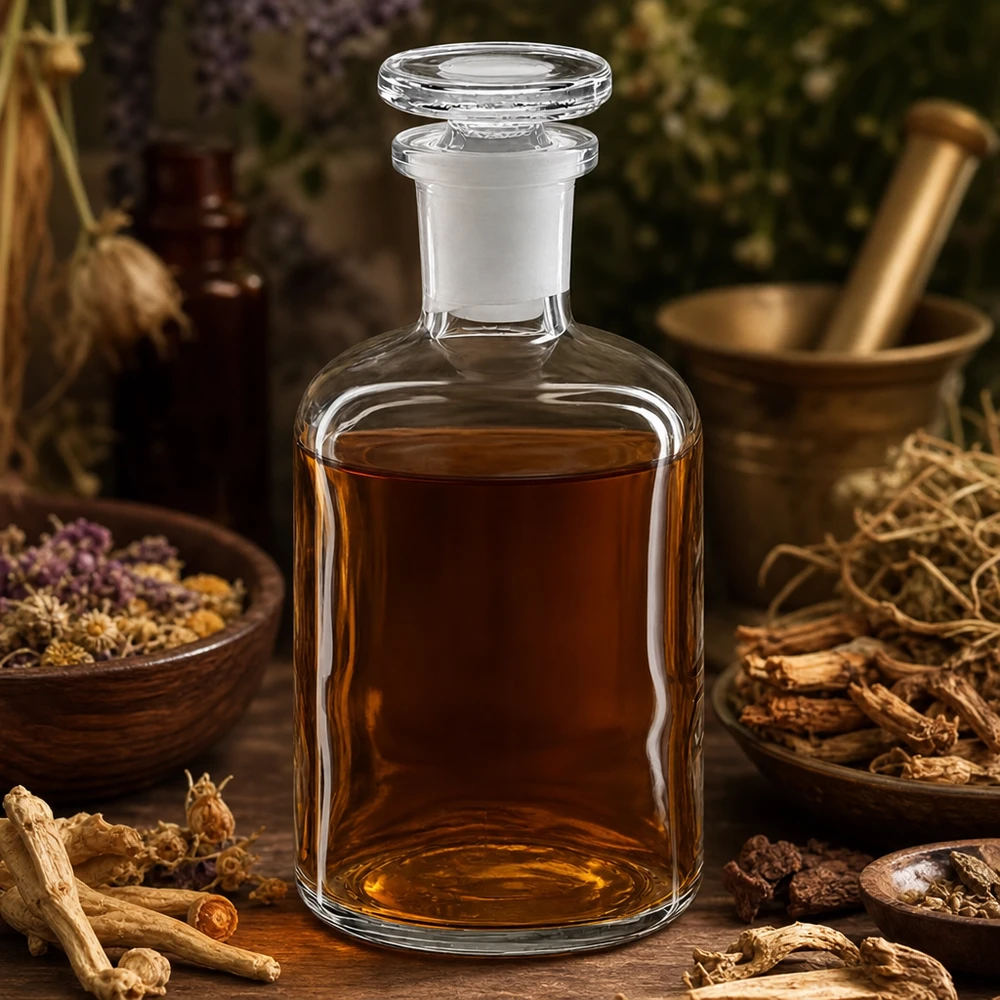 Flacon de pharmacie en verre transparent de 100 ml avec bouchon en verre, rempli de teinture à base de plantes, à col étroit