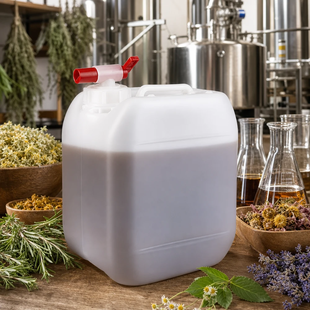 Bidon en plastique blanc de 5 litres muni d'un robinet rouge, entouré d'herbes et de fleurs séchées
