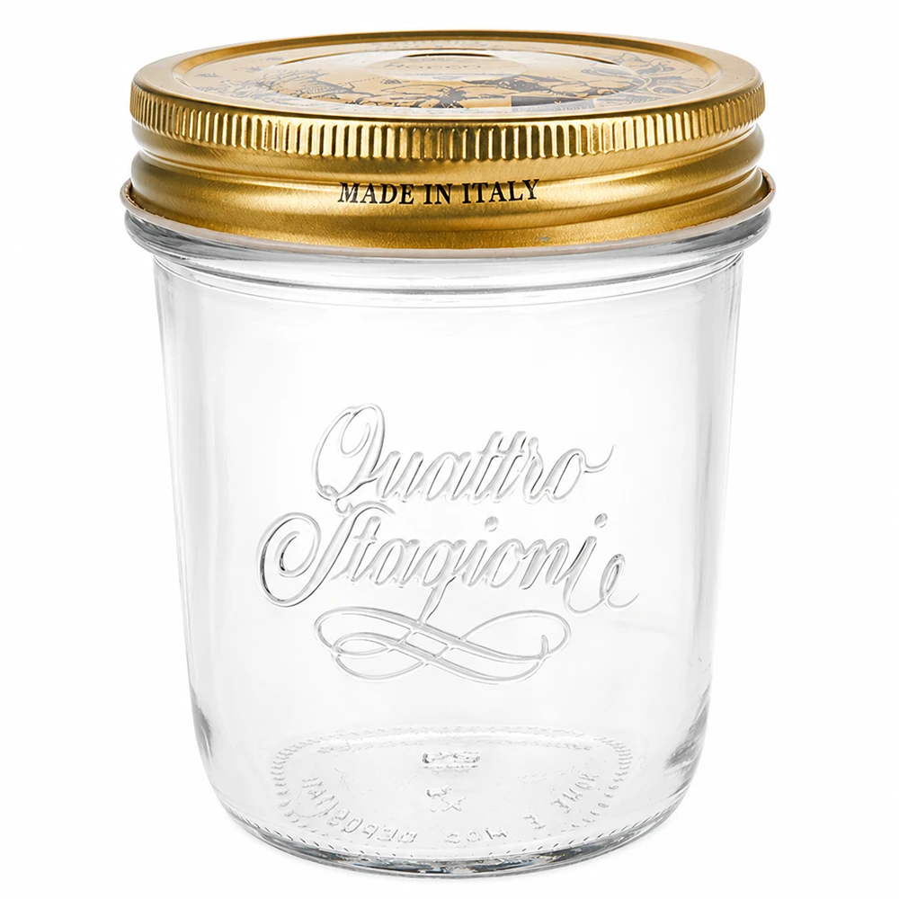 Verre renversé de 320 ml « Quattro Stagioni » avec couvercle 320ml Quattro Stagioni Pot à l'envers avec couvercle doré Made in Italy Pot de confiture et de conserves