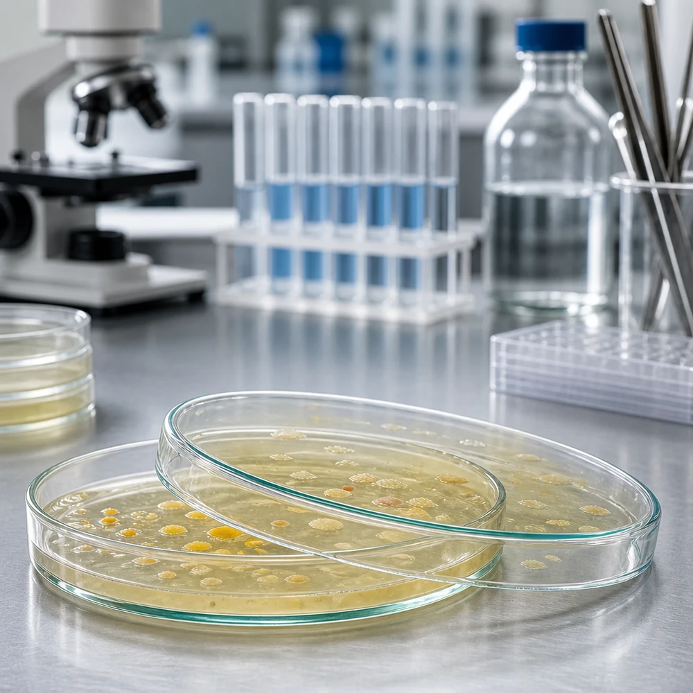Trois boîtes de Pétri en verre de 120 x 20 mm contenant des cultures bactériennes sur un milieu de culture jaune, dans un laboratoire
