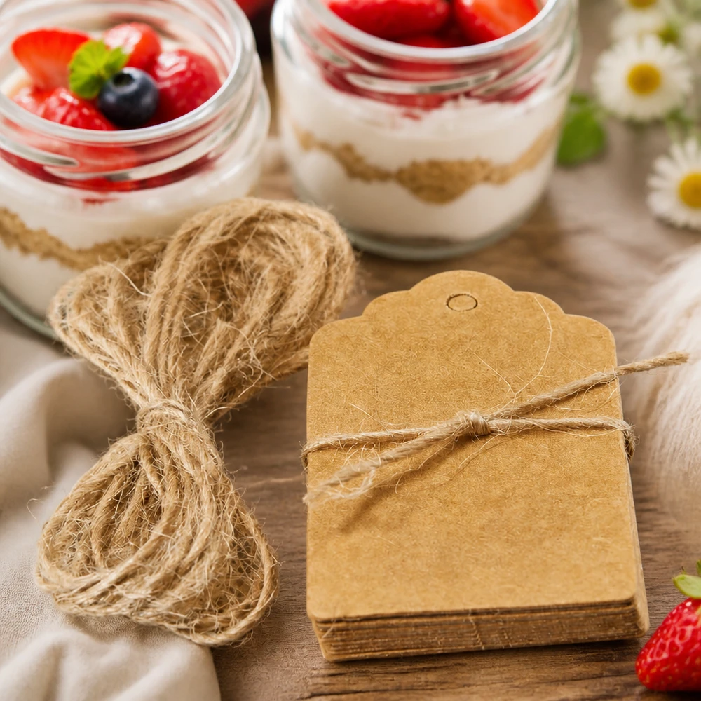Pendentifs en papier kraft brun avec cordelette comme décoration de cadeau à côté de verres à dessert avec des baies sur une table en bois