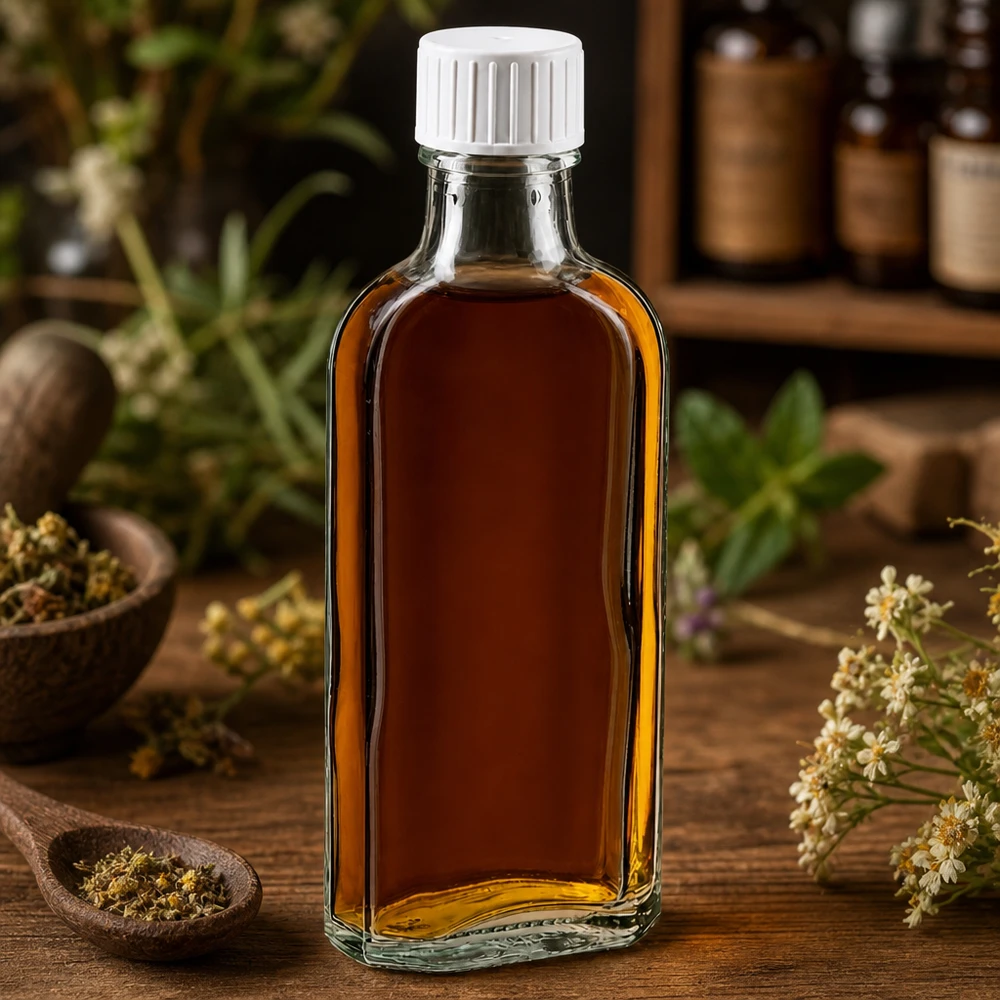 Flasque transparente de 100 ml au goulot DIN 22, avec bouchon à vis DIN 22 blanc et bague anti-gouttes Bouteille plate Meplat de 100 ml en verre transparent avec bouchon à vis blanc, destinée aux teintures d'herbes