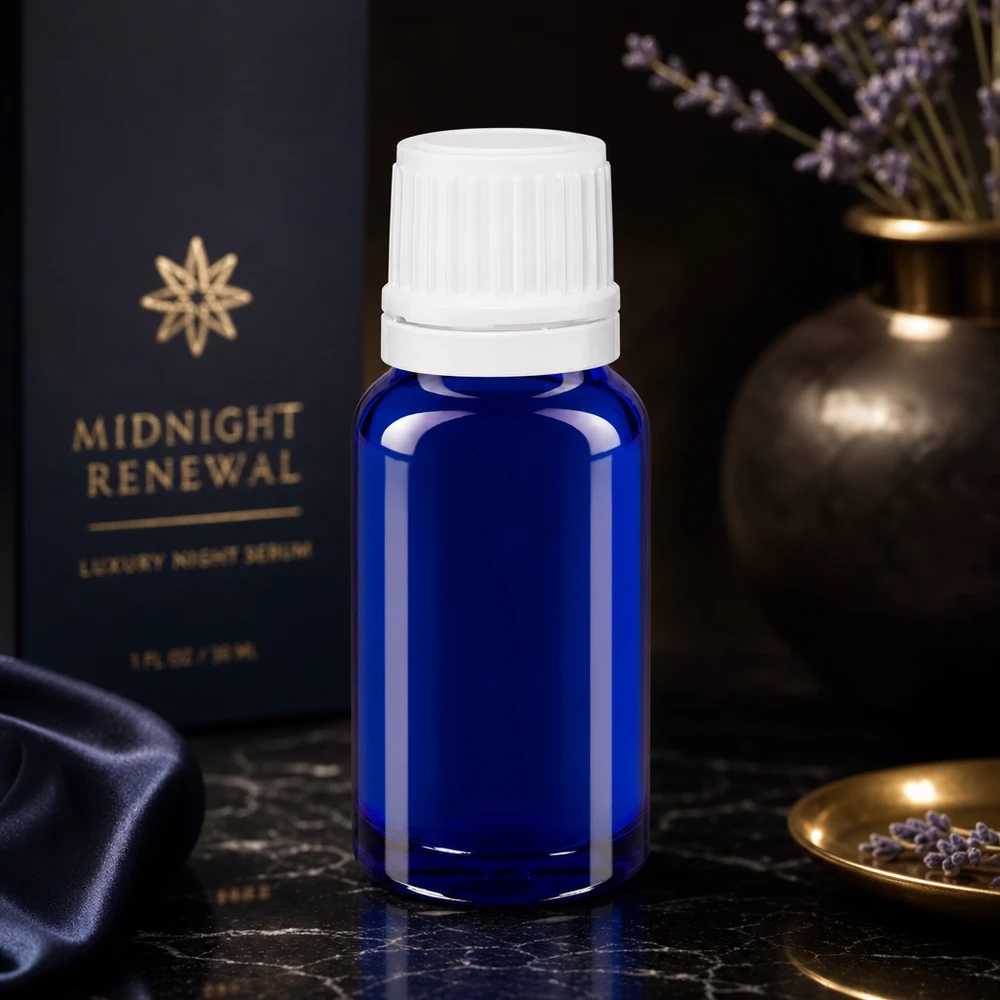 Flacon de pharmacie bleu de 10 ml avec bouchon blanc à sécurité enfant, posé sur du marbre noir
