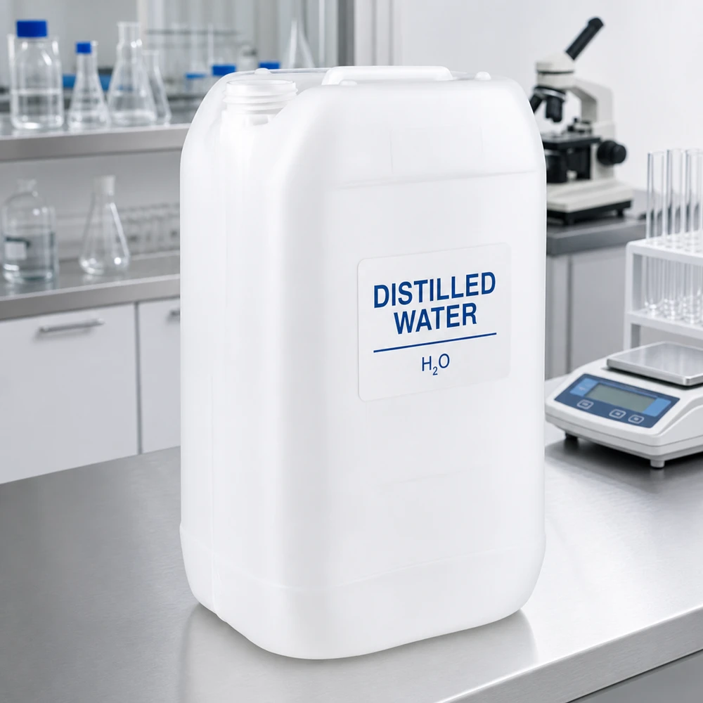 Bidon rectangulaire de 15 litres sans bouchon, portant la mention « Eau distillée » dans un laboratoire