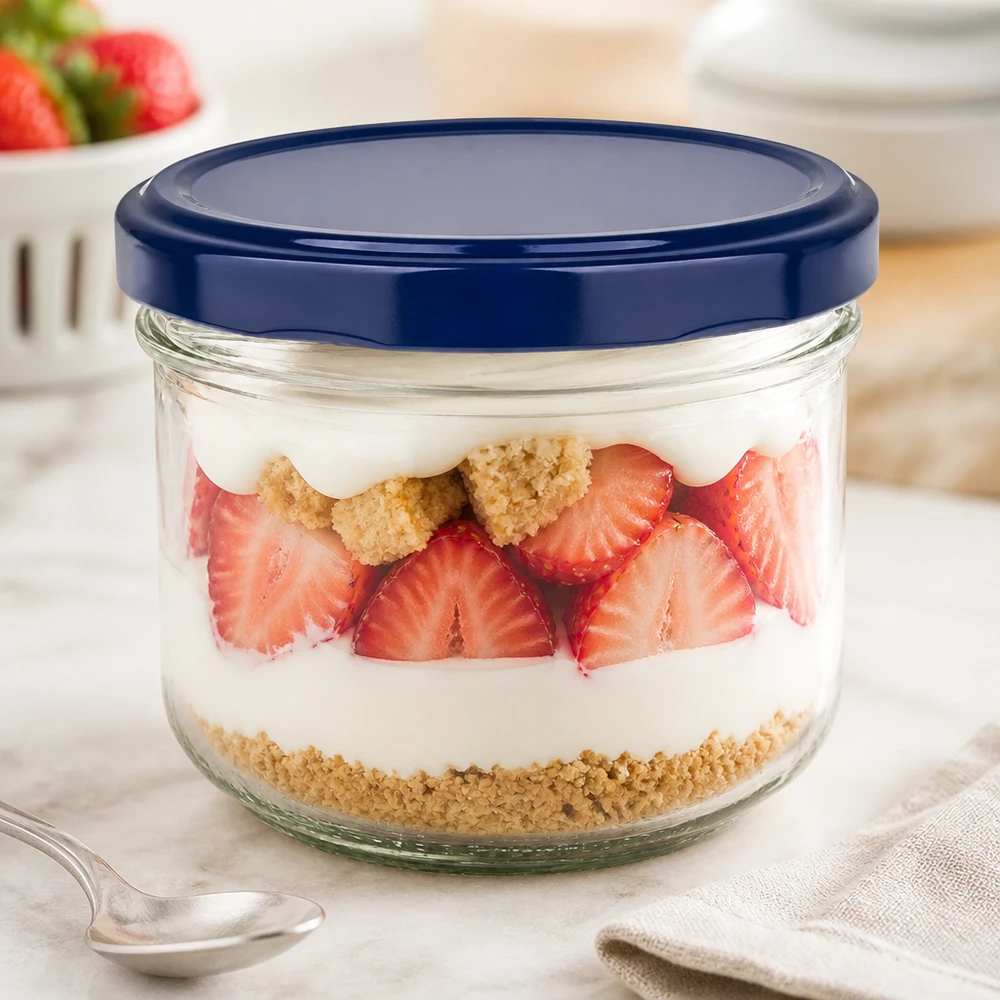 260ml Verre BasicSeal bleu avec stratification des desserts à la fraise - verre twist-off pour desserts et yaourts