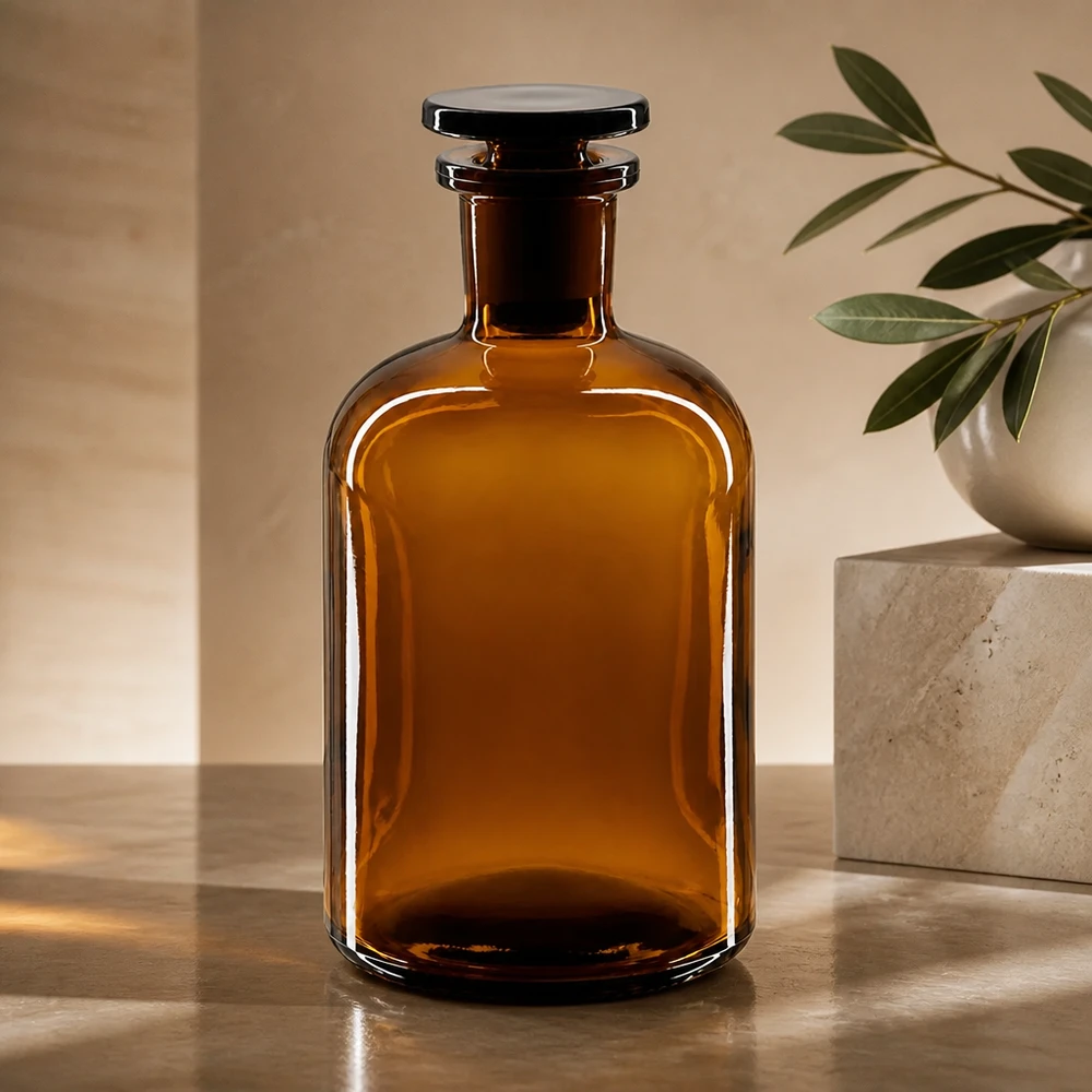 Flacon en verre brun de 250 ml, à épaulement arrondi, col étroit et bouchon en verre, protection contre les UV, à conserver à l'abri de la lumière