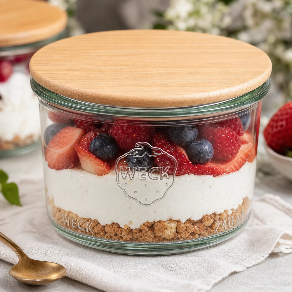 200ml bocal conique WECK RR80 avec couvercle en bois WECK Pot renversé 200ml RR80 Couvercle en bois rempli de dessert stratifié Baies Yaourt Fond de biscuit Styling de dessert