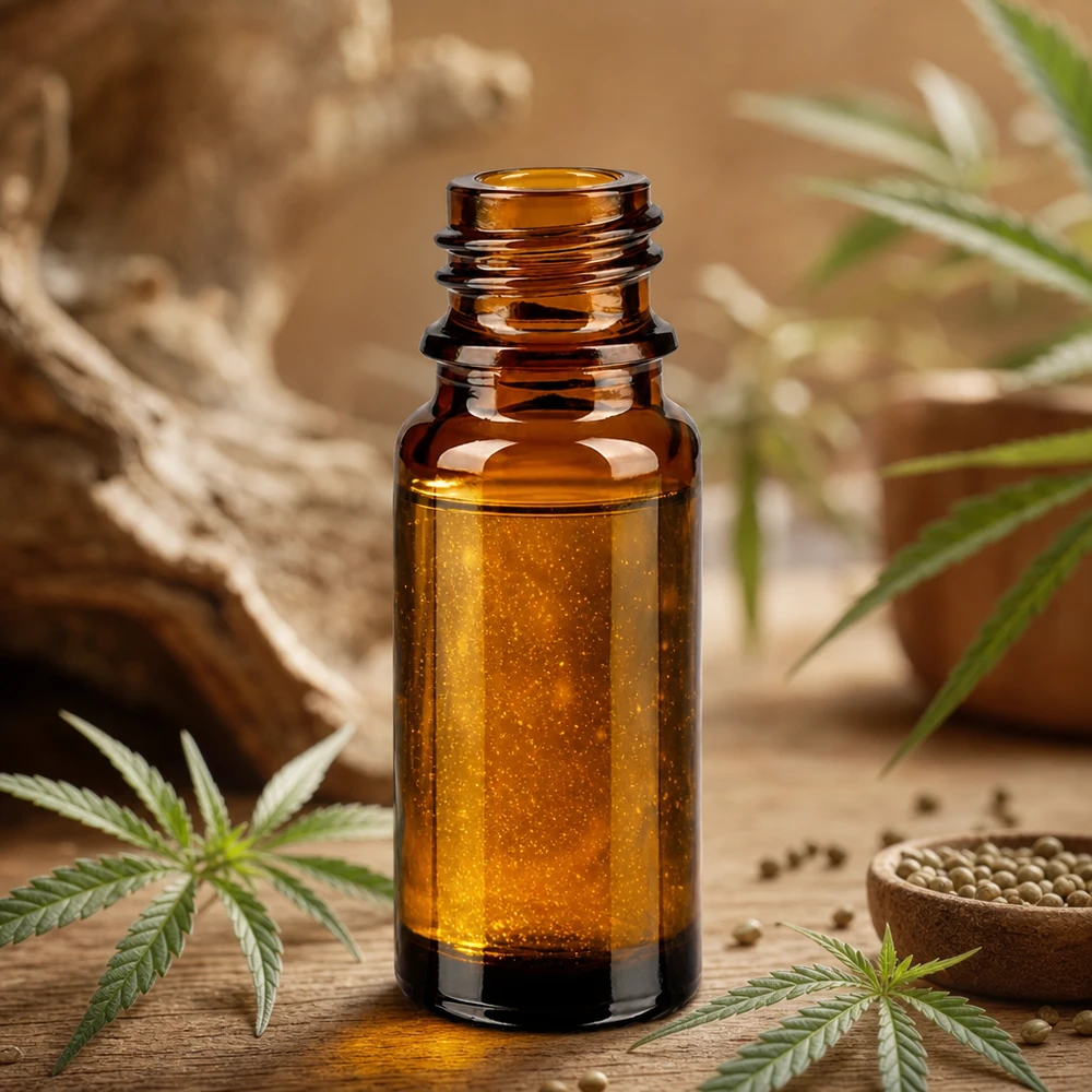 Flacon compte-gouttes 10 ml DIN18 - verre brun Bouteille de pharmacie brune de 10 ml ApoGlas avec extrait de cannabis et graines de chanvre sur fond de bois rustique