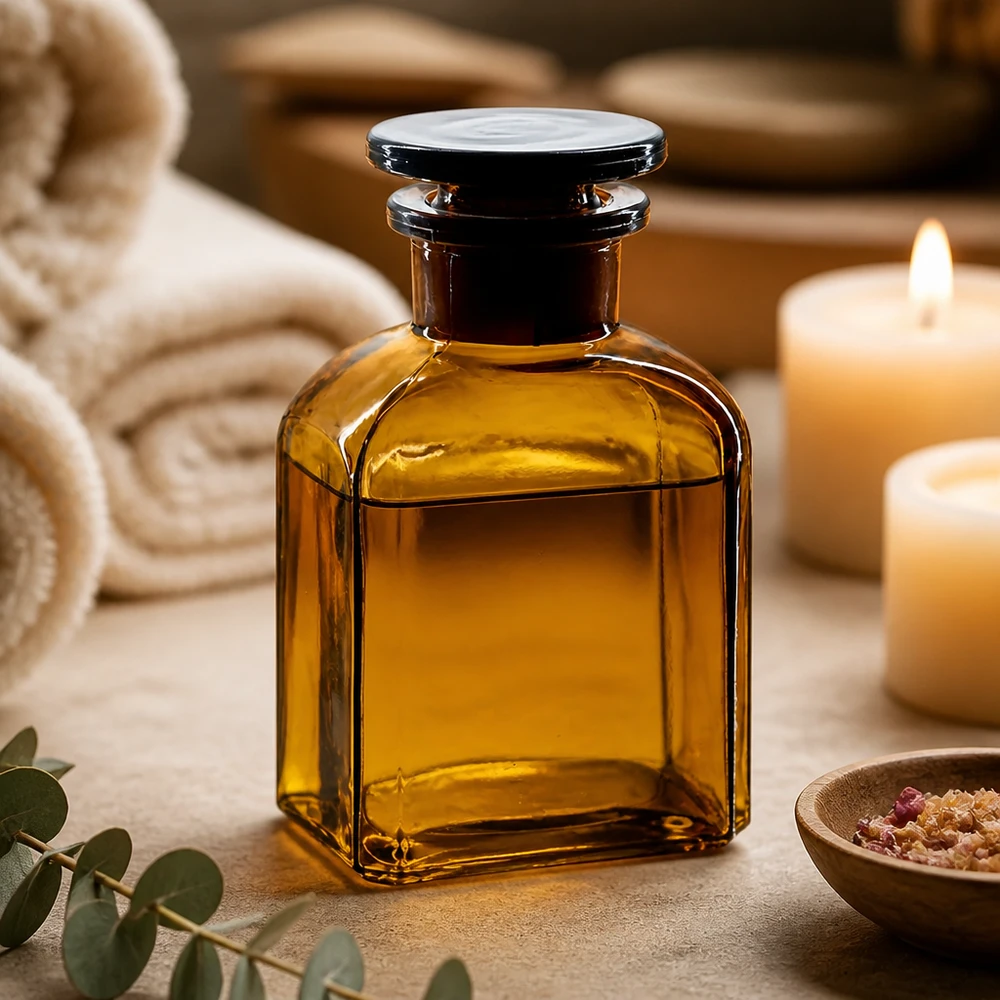 Flacon de conservation pour l'aromathérapie de 150 ml en verre ambré, à col large et muni d'un bouchon en verre, destiné aux huiles essentielles