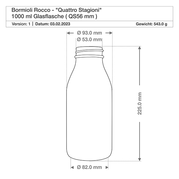 Dessin technique de la bouteille en verre Quattro Stagioni 1000ml avec dimensions, diamètre 82mm, hauteur 225mm, poids 543g