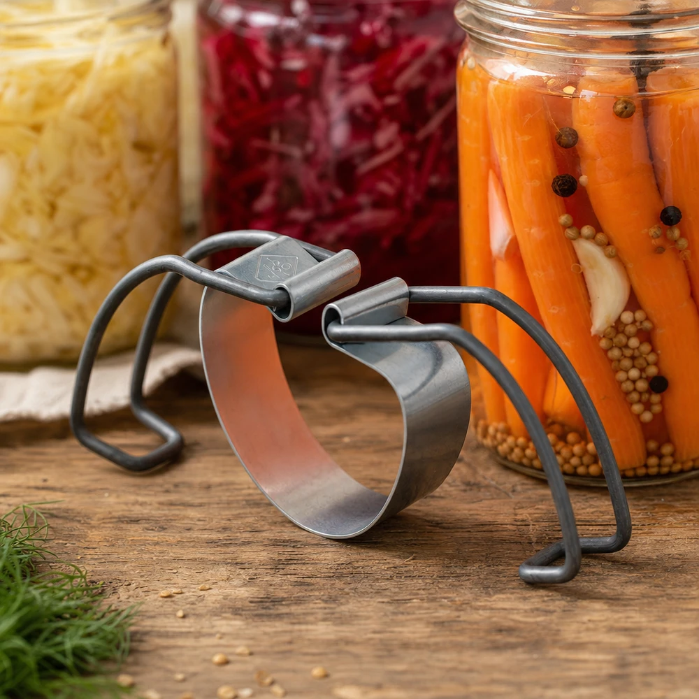 Support de cuisson RR100 Etrier de mise en conserve RR100 Vue détaillée avec des bocaux remplis de carottes marinées et d'aliments fermentés