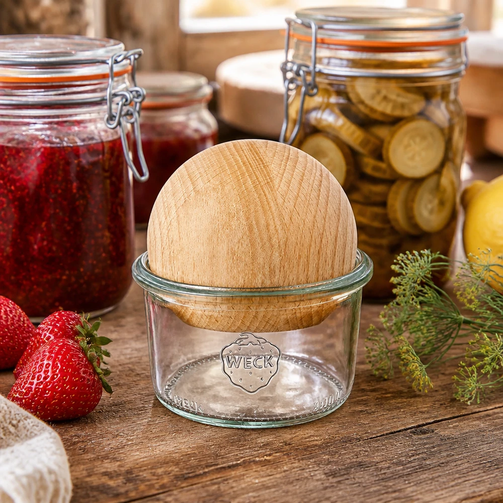 Pot renversé WECK 200ml RR80 dans un environnement de cuisine naturel avec des bocaux et des aliments frais
