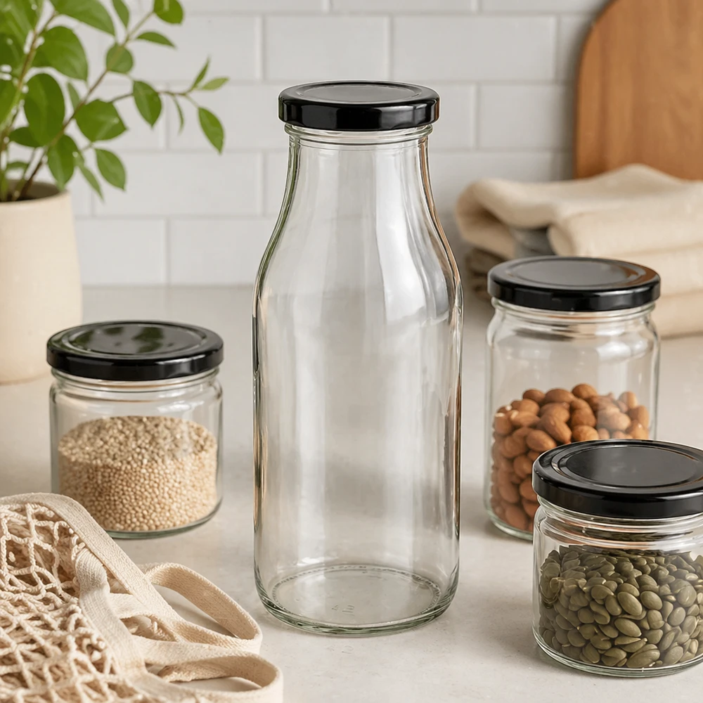 Bouteille en verre de 263 ml avec couvercle noir BasicSeal à côté de bocaux de stockage contenant des noix et des graines dans une cuisine moderne