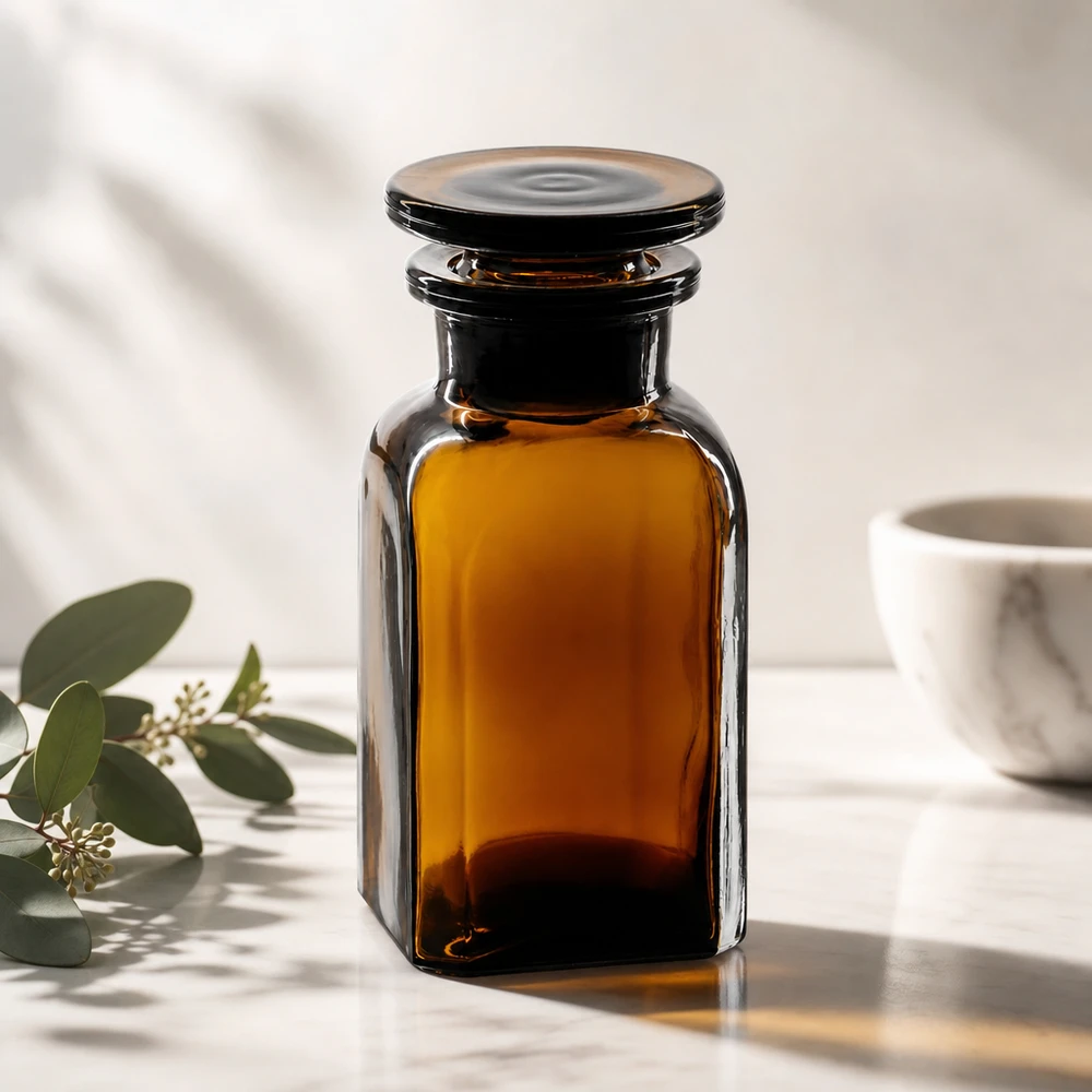 Flacon carré col large 100 ml + bouchon RIN, verre ambré Flacon carré en verre ambré de 100 ml à col large, muni d'un bouchon rond en verre posé sur du marbre