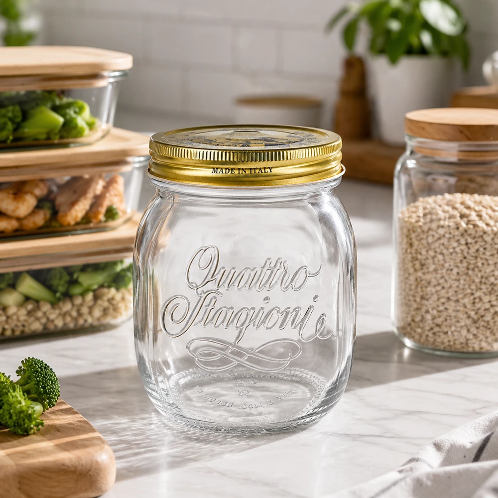 Verre rond 700ml « Quattro Stagioni » avec couvercle Quattro Stagioni 700ml verre rond vide dans une cuisine moderne avec des récipients Meal-Prep et des bocaux à provisions Organisation de la cuisine