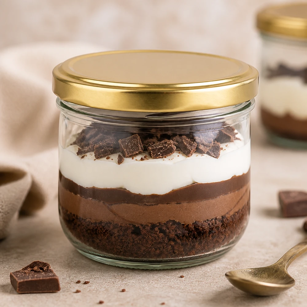 260ml Verre conique avec couvercle BasicSeal or UNiTWIST Verre renversé de 260 ml BasicSeal gold UNiTWIST rempli de dessert au chocolat montre l'aptitude pour les desserts sucrés