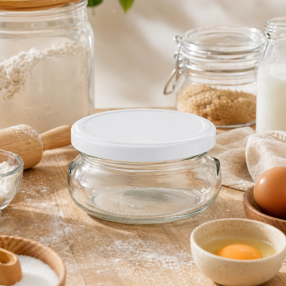 120ml Verre terrine avec couvercle BasicSeal blanc UNiTWIST 120ml Terrinenglas mit weißem Deckel in Backküche mit Mehl, Eiern und Backzutaten für Dessert-Zubereitung