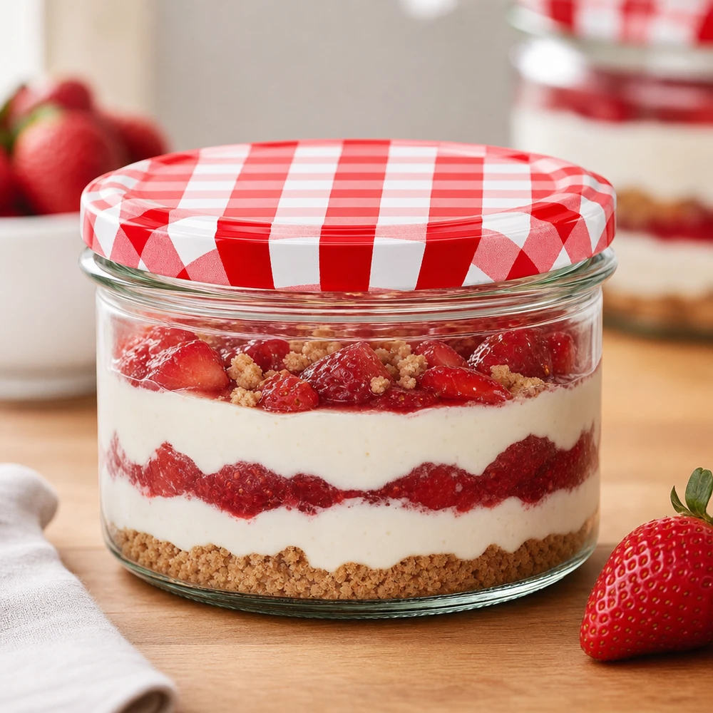 225ml Verre conique avec couvercle BasicSeal rouge/blanc UNiTWIST 225ml Sturzglas mit Erdbeer-Dessert und rot-weiß kariertem BasicSeal Deckel als stylische Dessertverpackung