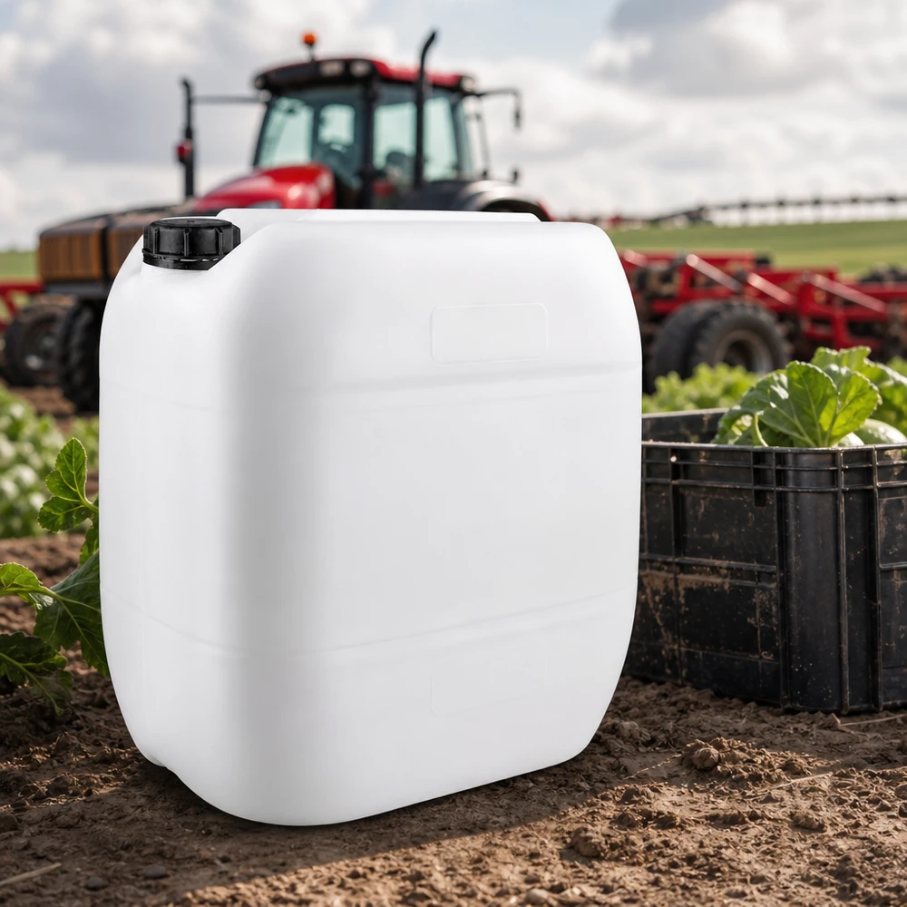 Bidon robuste de 30 litres avec bouchon à vis, utilisé dans le cadre d'activités agricoles dans les champs