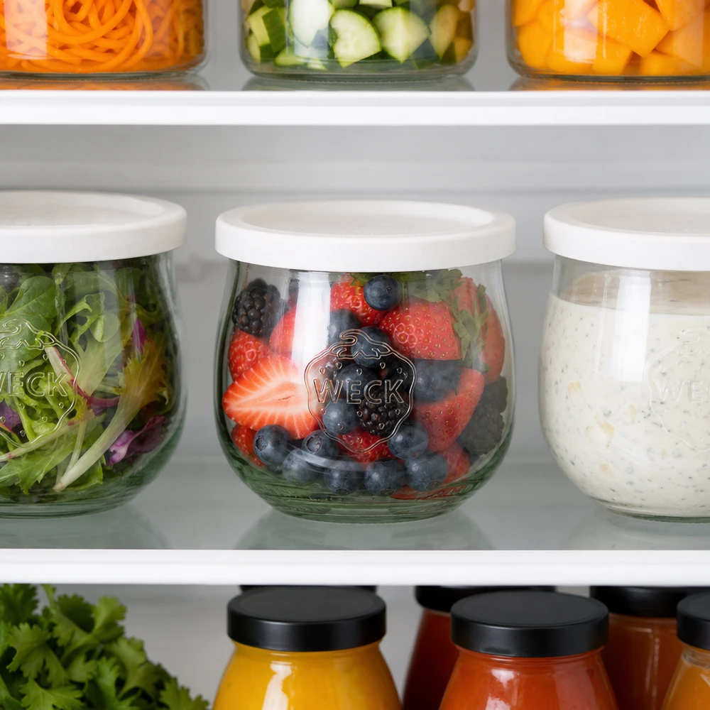 WECK Pot tulipe 370ml RR80 dans le réfrigérateur rempli de baies à côté de la salade et des pâtes à tartiner pour une conservation au frais
