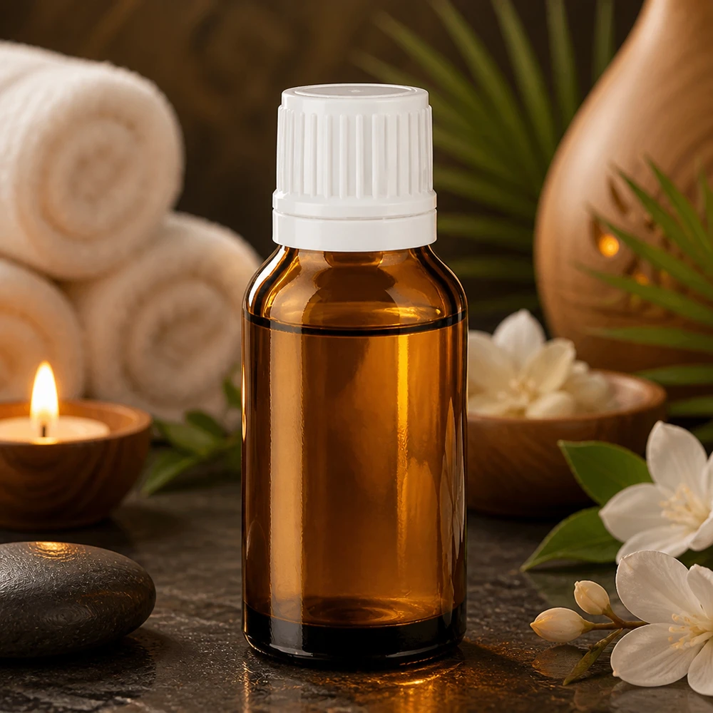 Flacon à pharmacie brun 15ml bouchon inviolable blanc 1.2mm blanc bouchon inviolabilité Flacon compte-gouttes marron de 15 ml avec bouchon blanc, entouré de fleurs blanches et de pierres de massage dans un spa