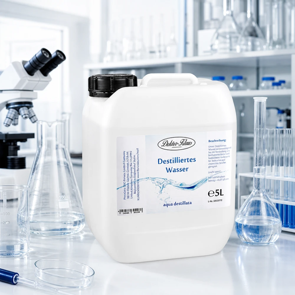 Eau distillée Doktor Klaus - Aqua dest 5 litres en jerrican premium teinte naturelle Doktor-Klaus eau distillée bidon de 5 litres en environnement de laboratoire stérile avec microscope et ballon en verre