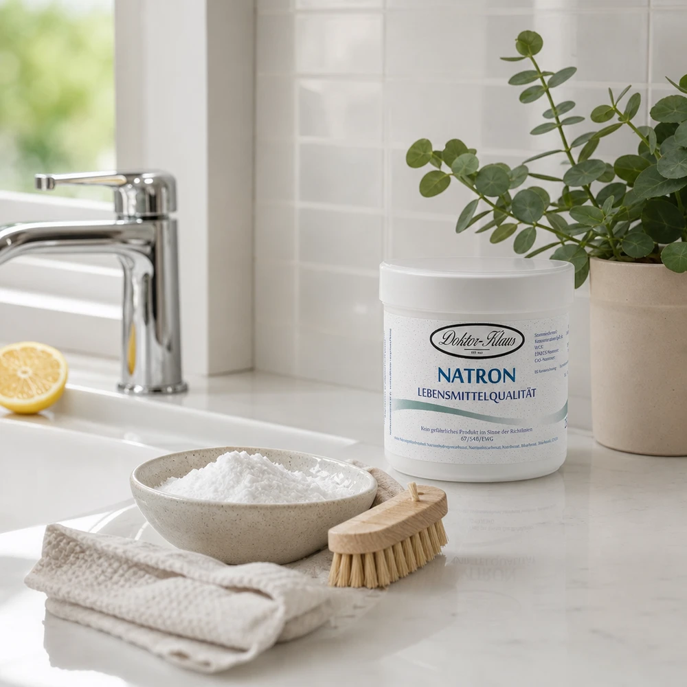 Bicarbonate de sodium Doktor Klaus 250g en poudre en barquette avec brosse en bois pour un nettoyage naturel de la cuisine