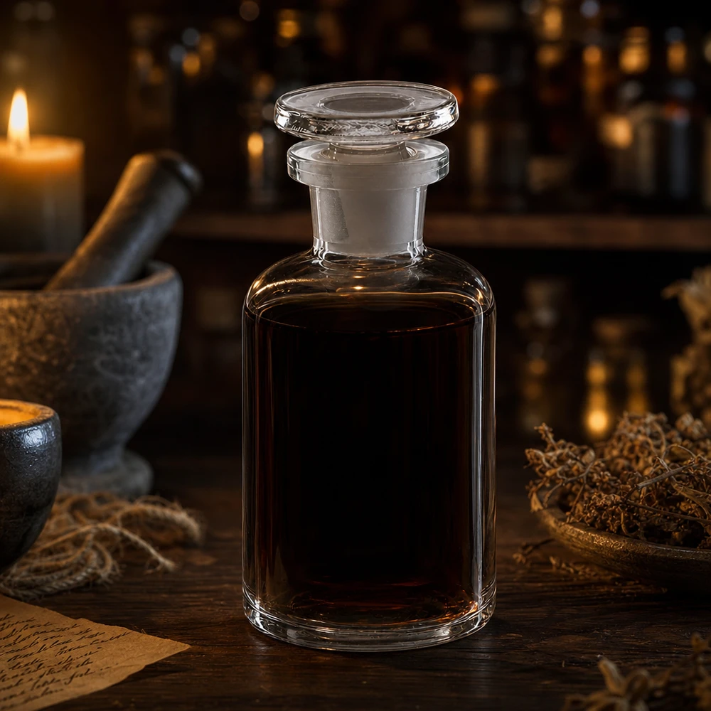 Flacon de pharmacie de 50 ml, contenu foncé, bouchon en verre, col étroit, épaules arrondies, style antique