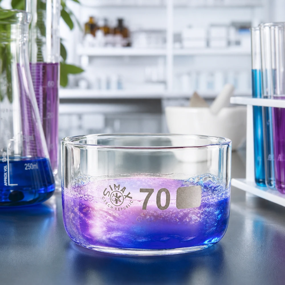 Coupelle de cristallisation 100 ml sans bec verseur Coupelle de cristallisation Simax de 100 ml avec une solution réactive bleu-violet : bulles effervescentes – expérience de laboratoire