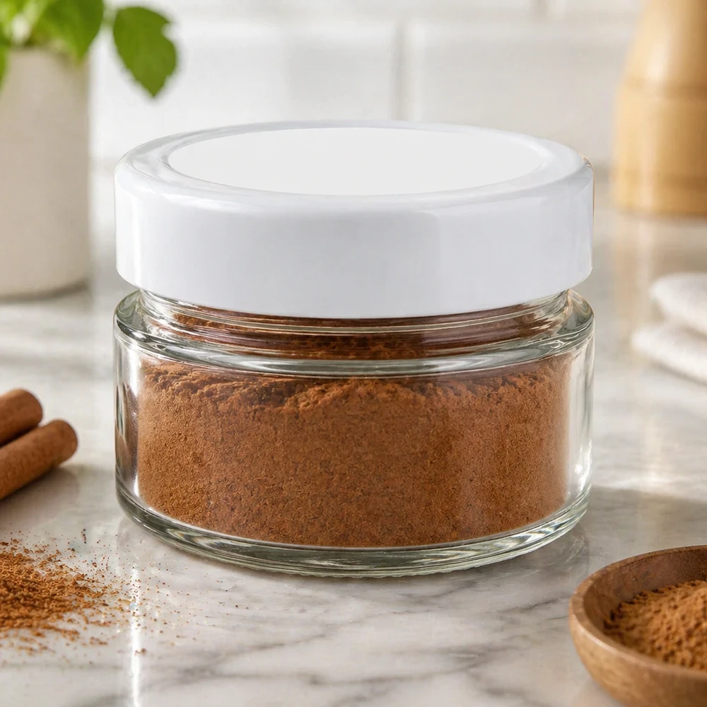80ml Verre rond avec couvercle BasicSeal blanc UNiTWIST Pot rond de 80ml rempli de poudre brune montre une utilisation pratique pour les épices et la conservation de la cuisine