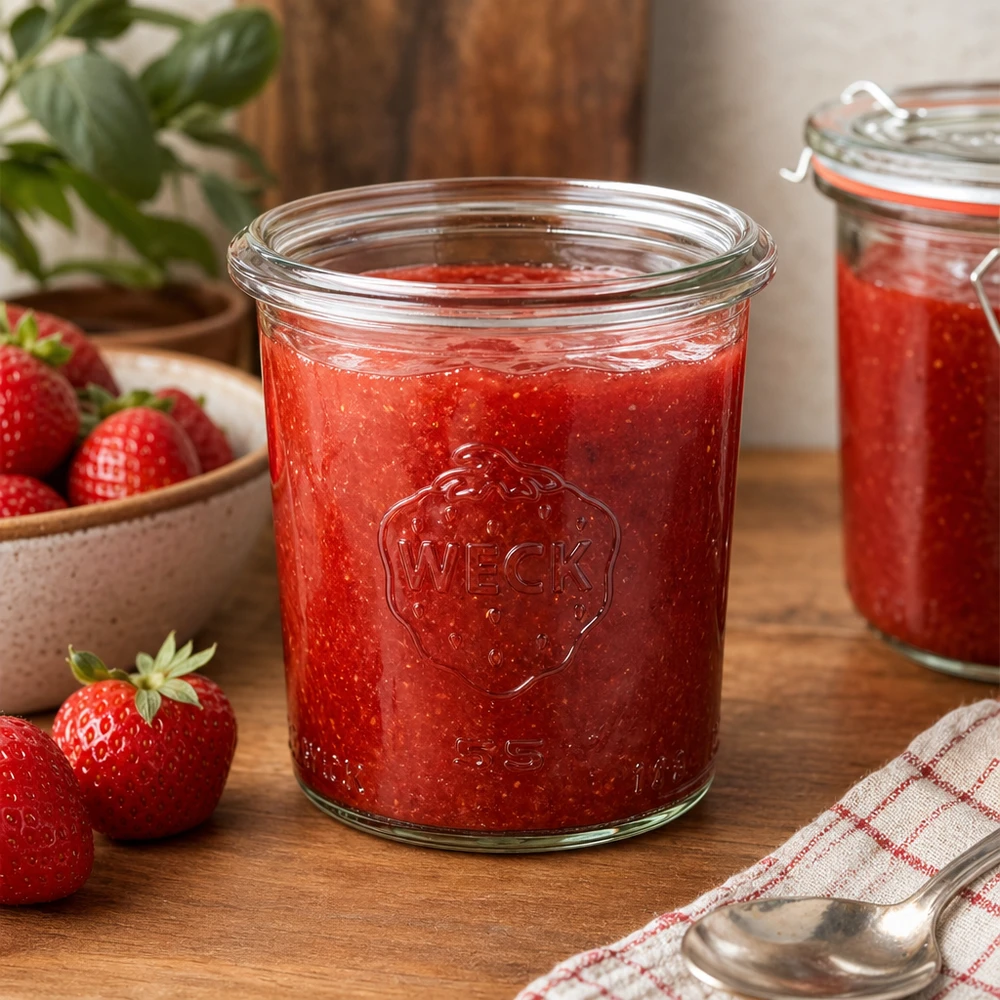 140ml bocal conique WECK RR60 140ml WECK Pot renversé RR60 rempli de confiture de fraises maison sur table en bois avec fraises fraîches