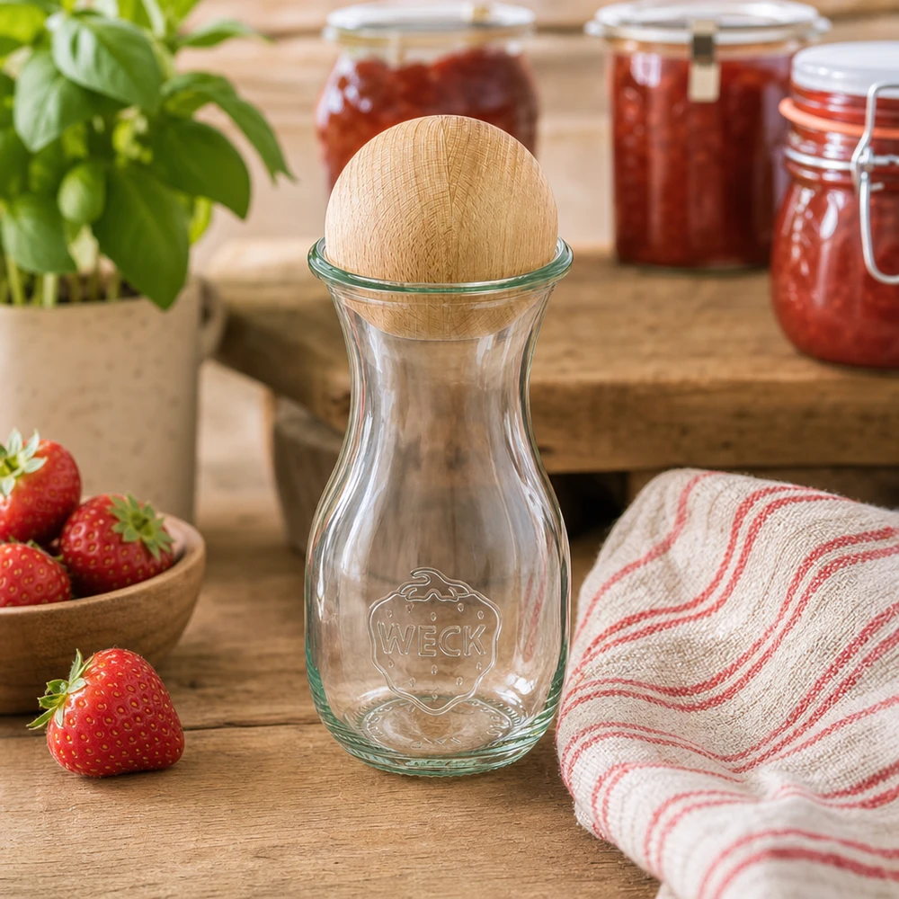 WECK Bouteille en verre 290ml RR60 avec bouchon en forme de boule de hêtre dans une cuisine rustique à côté des fraises et des pots de confiture