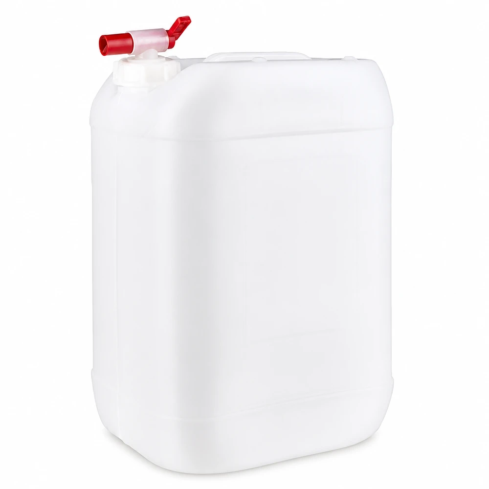 Jerrican de 25 litres avec robinet Bidon en plastique blanc de 25 litres avec robinet de vidange rouge, en HDPE