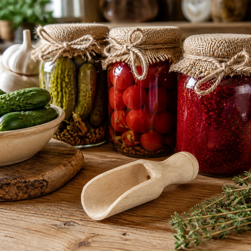 Pelle en bois taille XS forme semi-circulaire - 52mm de long Pelle en bois XS dans une cuisine rustique entre des bocaux de légumes marinés et de confiture