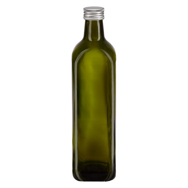 Bouteille d'huile 750 ml carrée, vert olive + capsule à vis en aluminium argenté (PP 31,5 mm) Bouteille d'huile 750 ml carrée, vert olive + capsule à vis en aluminium argenté (PP 31,5 mm)