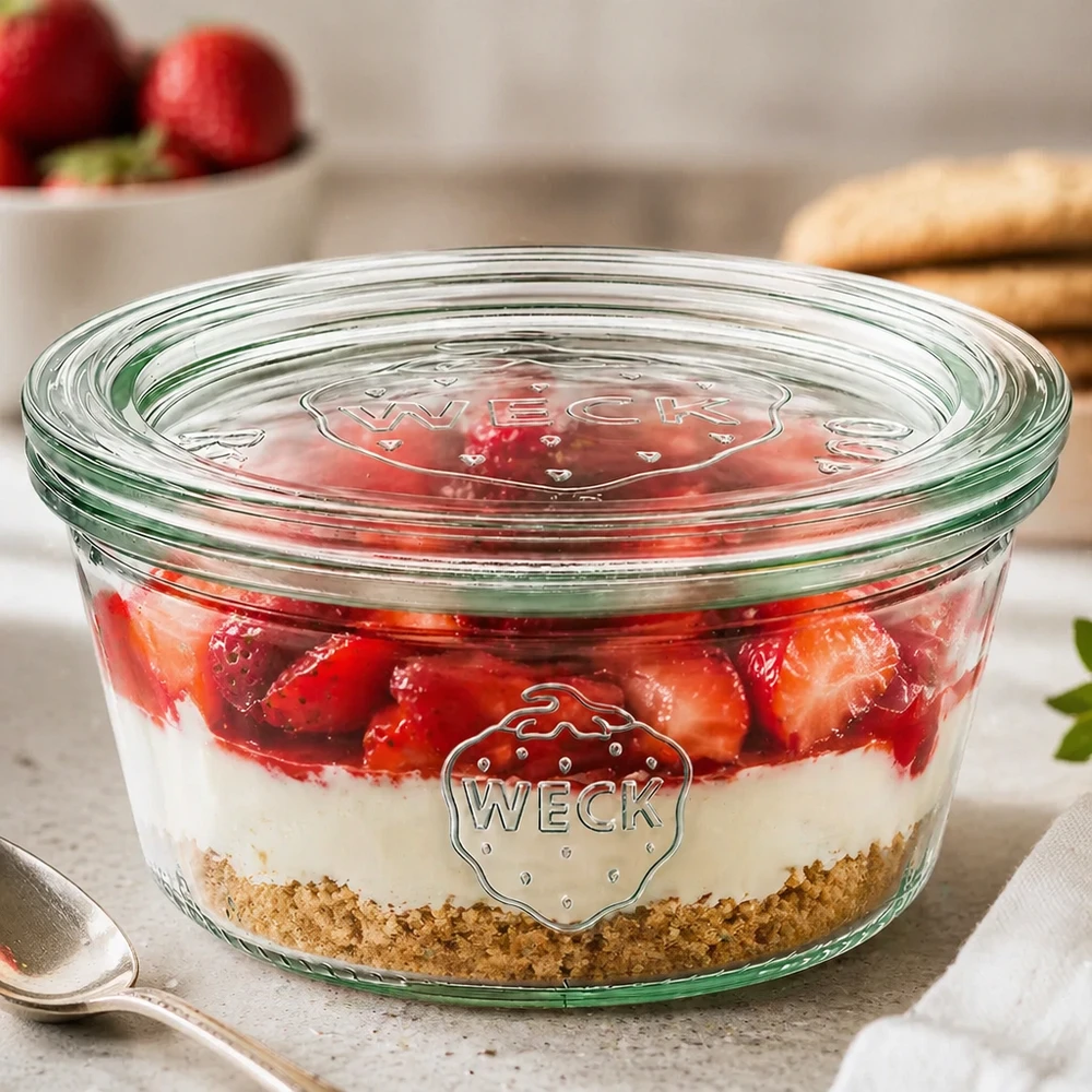 Bocal WECK RR100 de 290 ml, à bord évasé et couvercle en verre WECK Verre renversé 290ml RR100 rempli d'une couche de dessert à la fraise montre une utilisation polyvalente comme verre à dessert avec couvercle en verre
