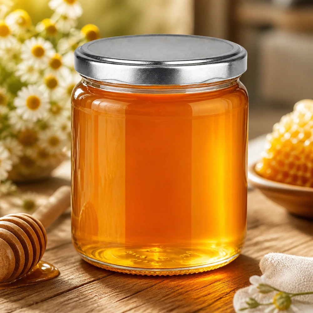 408ml Verre rond avec couvercle BasicSeal argent UNiTWIST 408ml pot rond BasicSeal couvercle argenté rempli de miel à côté de cuillère à miel et fleurs pot à miel apiculture