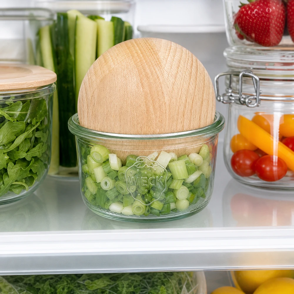 165ml bocal conique WECK RR80 avec boule en bois en hêtre WECK Pot renversé RR80 165ml avec boule en hêtre dans le réfrigérateur pour conserver la ciboulette et les légumes au frais