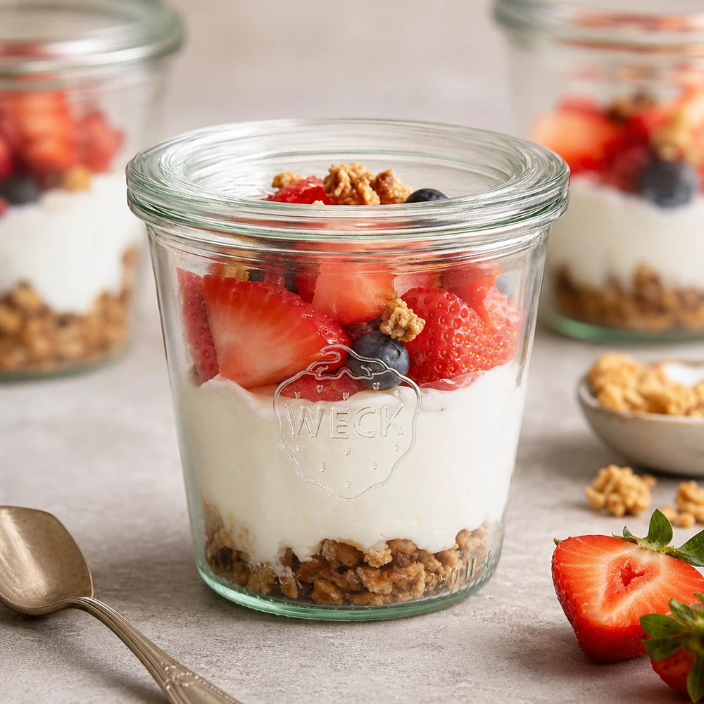 WECK Pot renversé 290ml RR80 avec dessert stratifié au yaourt, fraises, myrtilles et noix pour une idée de petit déjeuner