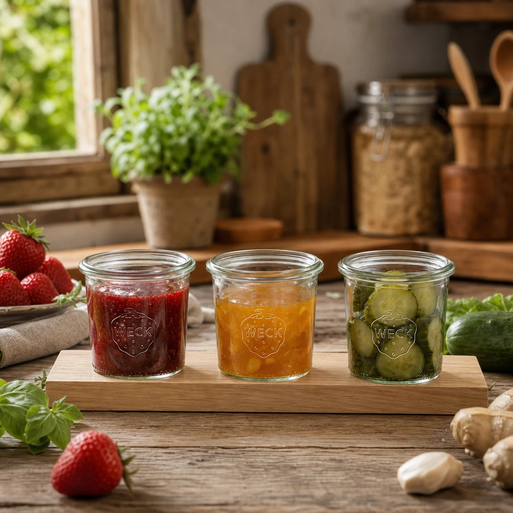 WECK Pots 140ml sur planche de service avec confiture et cornichons marinés dans une cuisine rustique aux fines herbes