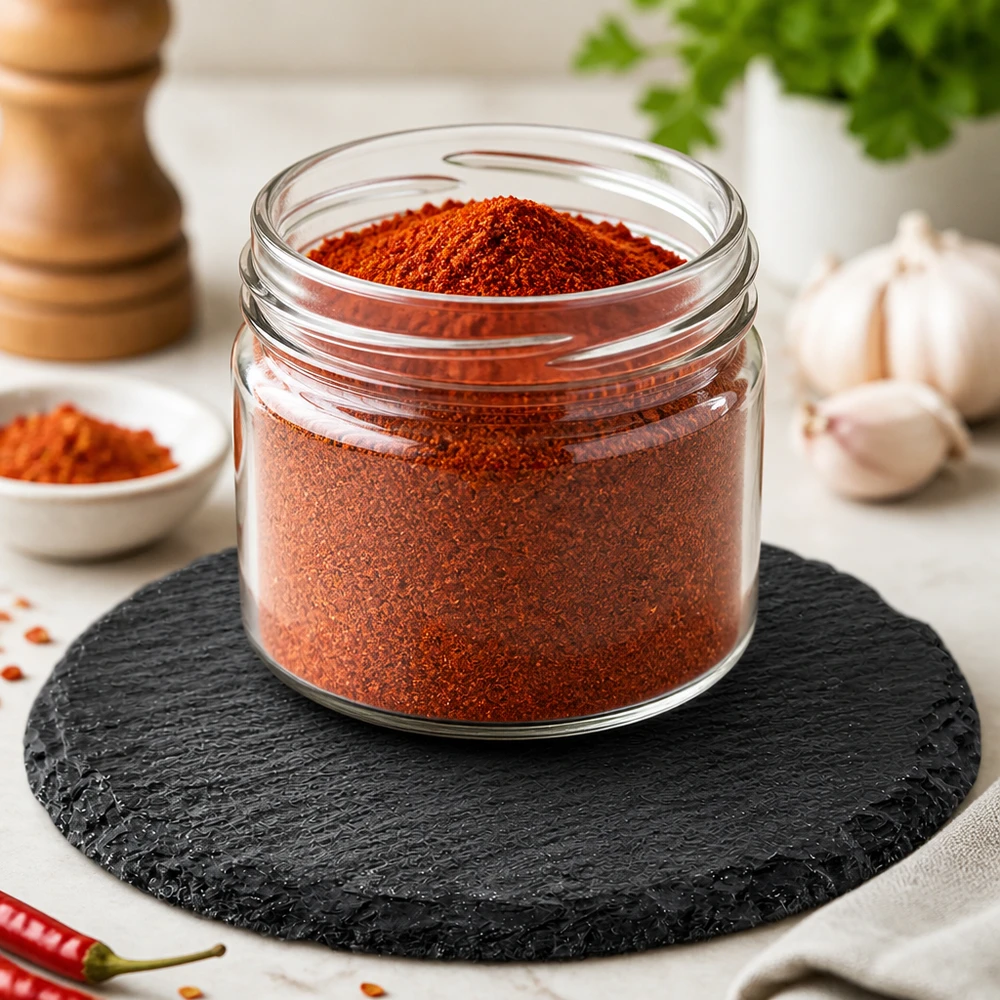 Plateau en ardoise rond Ø 150 mm Plaque d'ardoise ronde 15cm avec des épices rouges en poudre dans un récipient en verre et de l'ail comme présentation élégante d'épices