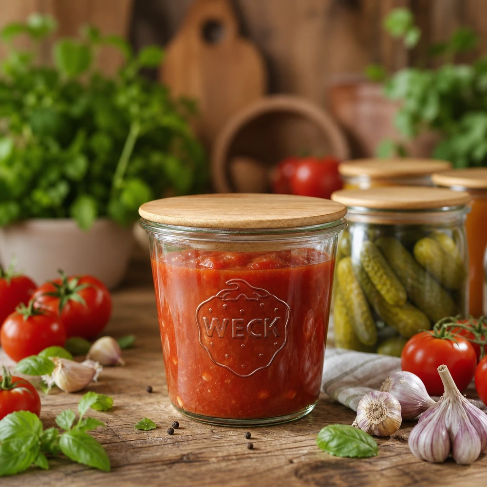 580ml bocal conique WECK RR100 avec couvercle en bois WECK Pot de conserve 580ml avec couvercle en bois rempli de sauce tomate, entouré d'ingrédients frais et de cornichons