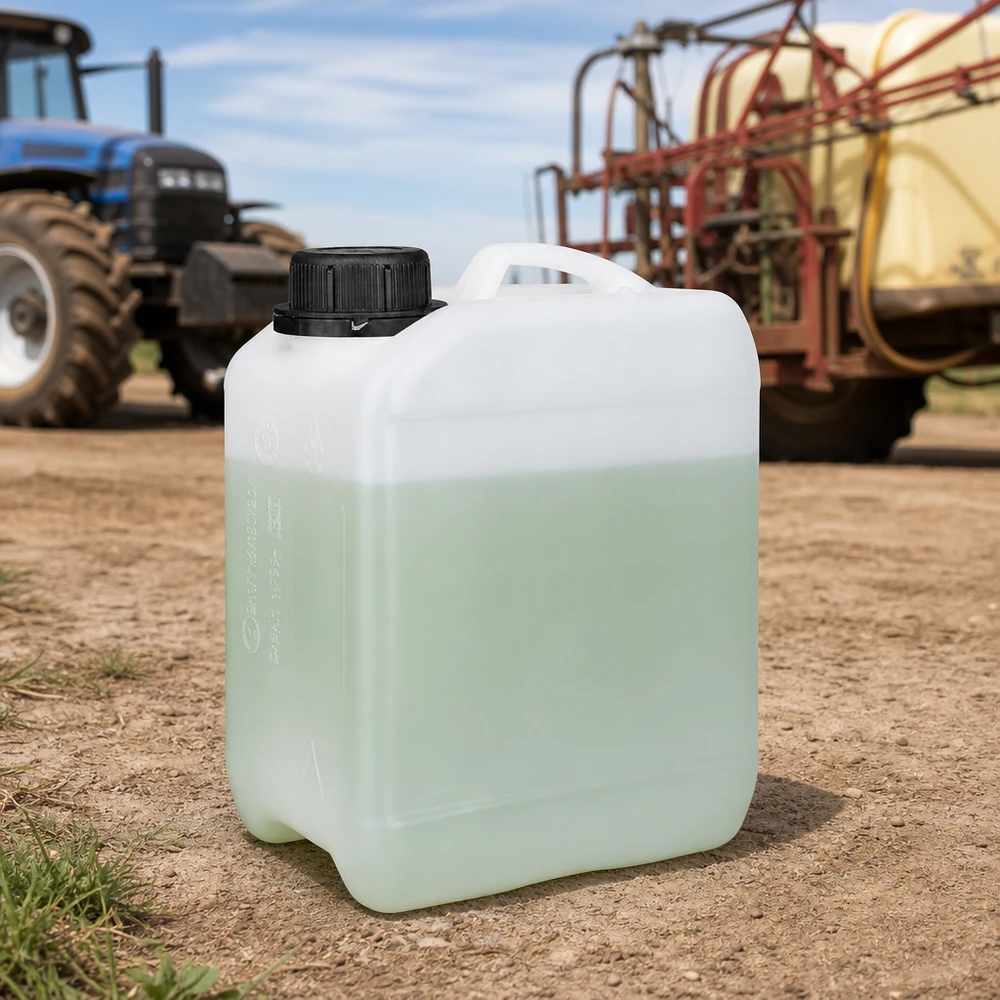 Bidon agricole de 2,5 litres, blanc, contenant un liquide verdâtre et muni d'un bouchon à vis noir, utilisé sur le terrain