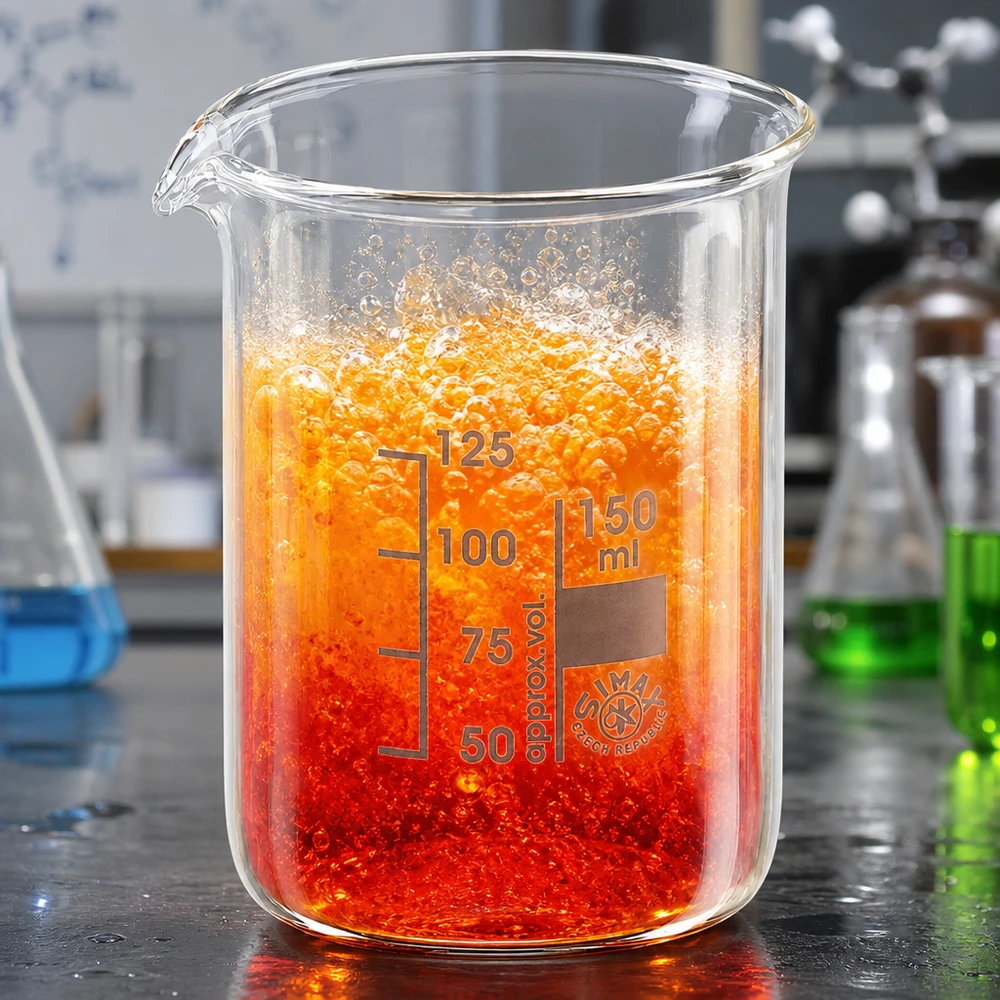 Bécher 150ml en verre borosilicate résistant à la chaleur (forme basse) Bécher de qualité laboratoire 150ml forme basse avec solution de réaction orange et échelle claire en millilitres