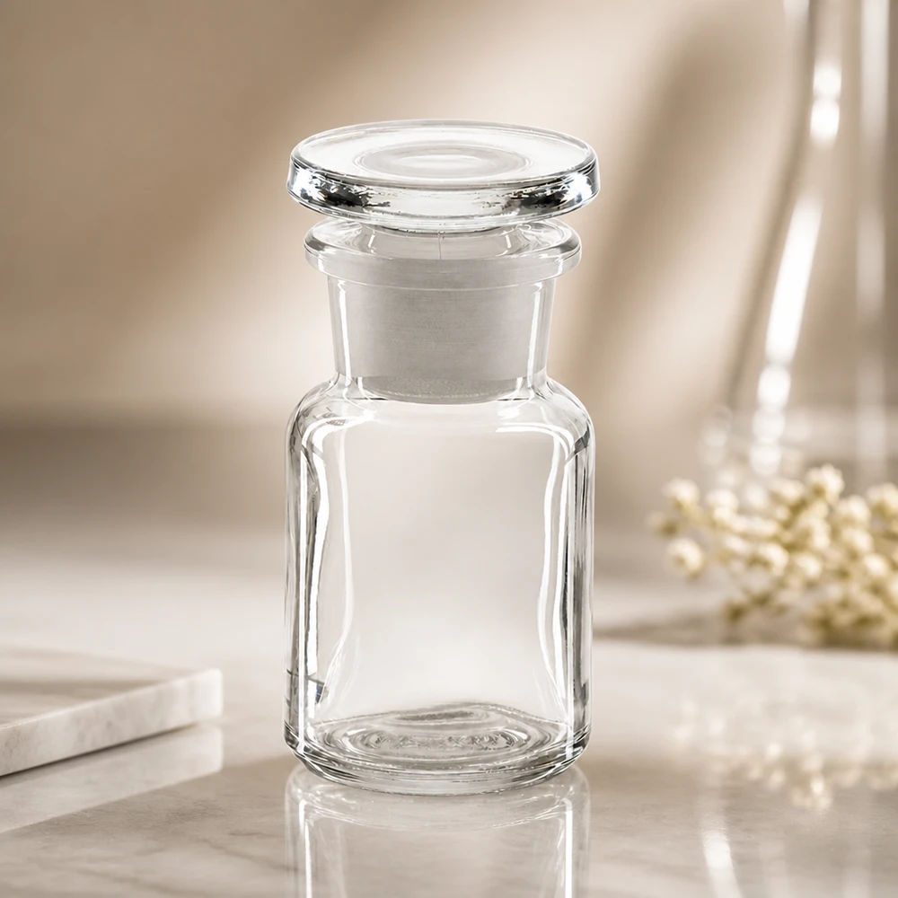 Flacon pharmaceutique 50 ml col large + bouchon verre clair Flacon de pharmacie transparent vide de 50 ml à col large, muni d'un bouchon rond en verre, posé sur du marbre