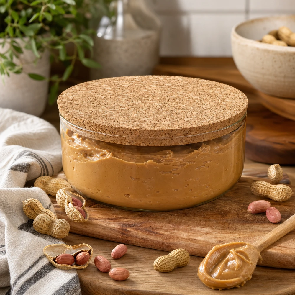 Bouchon pour ouverture 75mm WECK RR80 (ø72/82, H=20mm) WECK RR80 Bouchon liège naturel dans cuisine confortable avec pot de beurre de cacahuètes cacahuètes stockage pratique