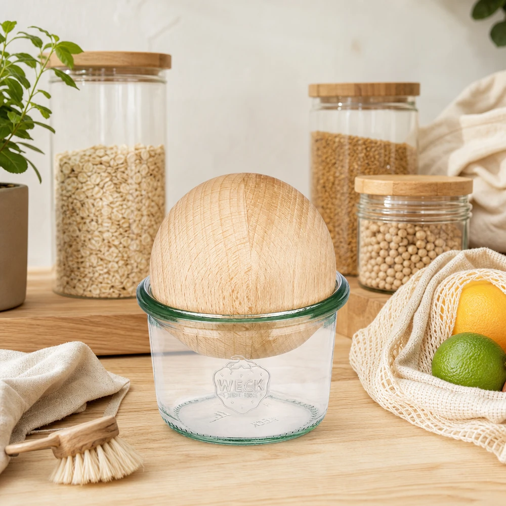 80ml bocal conique WECK RR60 avec boule en bois en hêtre WECK Verre renversé 80ml RR60 avec boule en bois de hêtre dans une cuisine durable zéro déchet avec bocaux de réserve et sac en jute