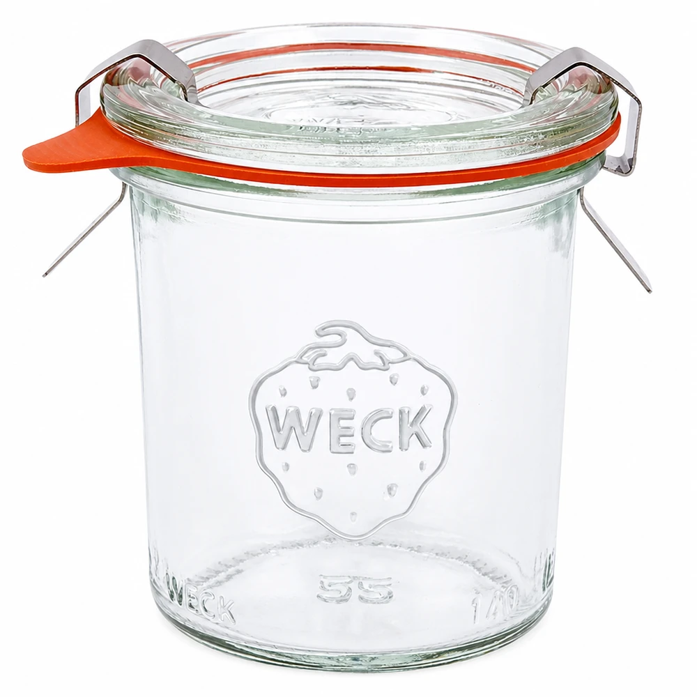WECK Bocal 140ml RR60 avec couvercle en verre, anneau en caoutchouc et pinces, set complet pour la mise en conserve.